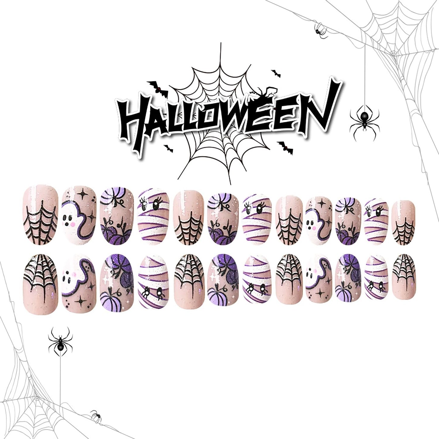 Halloween Press on Nails Short Oval Shaped Cute Ghost Pumpkin Mummy Pattern Design Halloween Nail Full Cover Artificial Acrylic False Nail French Spider Web Festival Stick on Nails for Women 24Pcs