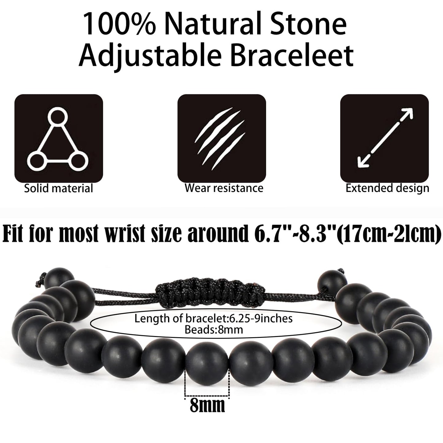 QOGIR Handmade Healing Bracelets, 8mm Matte Black Onyx Bracelet Black Beaded Bracelets for Men Women with 2PCS Size Adjustable Rope Bracelets