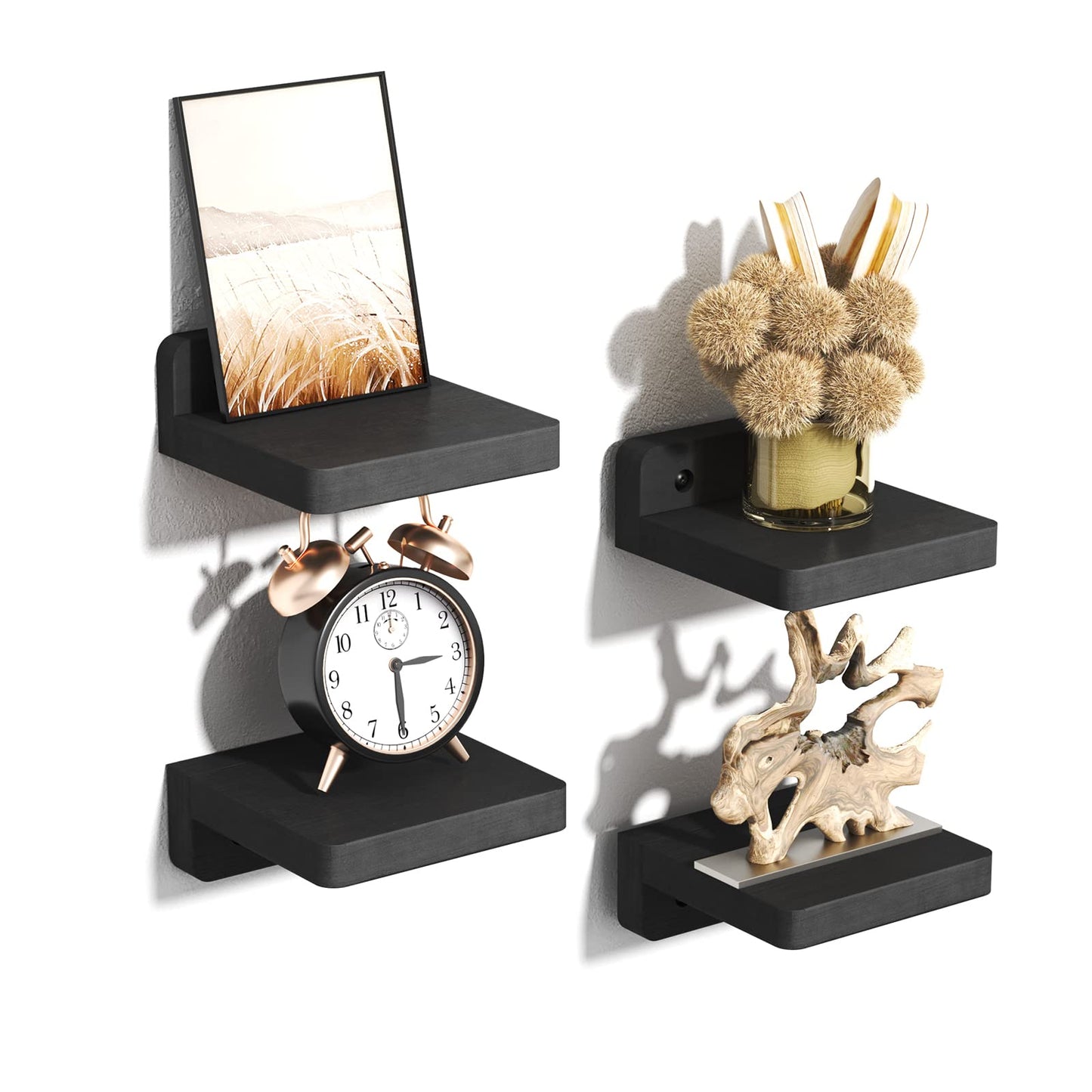 SRIWATANA Small Floating Shelves Wall Mounted, Wood Shelf for Decoration and Storage Set of 4, Mini Display Shelf for Bedroom, Bathroom, Kitchen, Office (Black, 4 inch)