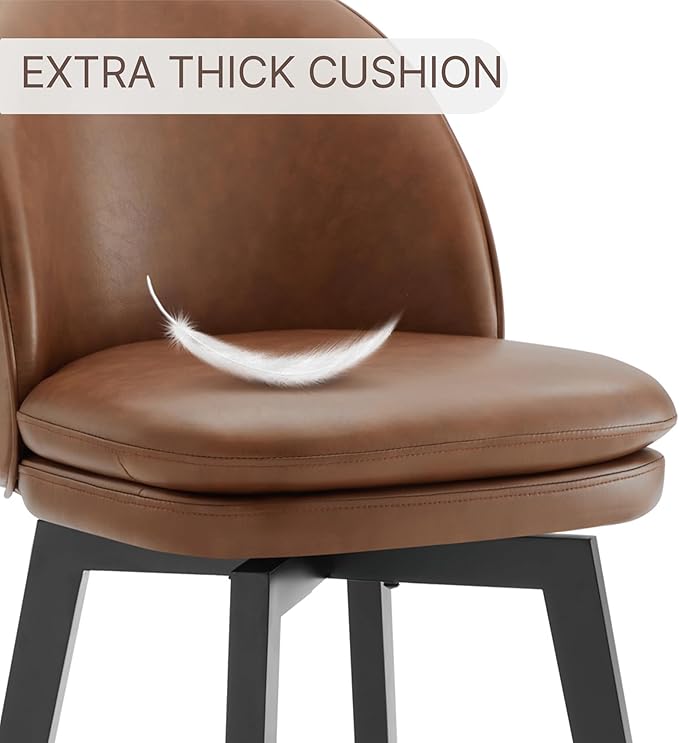 Counter Height Barstools 26 inch Upholstered Swivel Bar Stools with Back and Wood Legs for Kitchen Island,Set of 2,Brown PU Leather-Armless