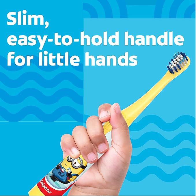 Colgate Kids Battery Powered Toothbrush with Included AA Battery, Extra Soft Bristles, Flat-Laying Handle to Prevent Rolling, Minion, 1 Pack