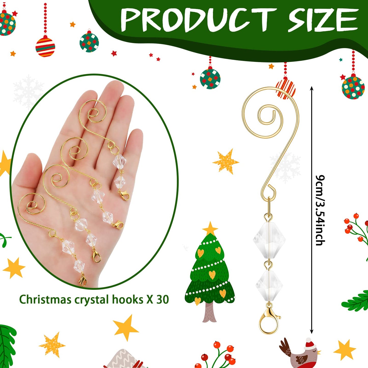 Bucherry 60 Pcs Ornament Hangers Tree Ornament Hooks Decorative Clear Acrylic Wire S Hook with Lobster Claws Hanging Metal Wire Crystal Jeweled Swirl for Crafts Xmas Decoration (Gold)