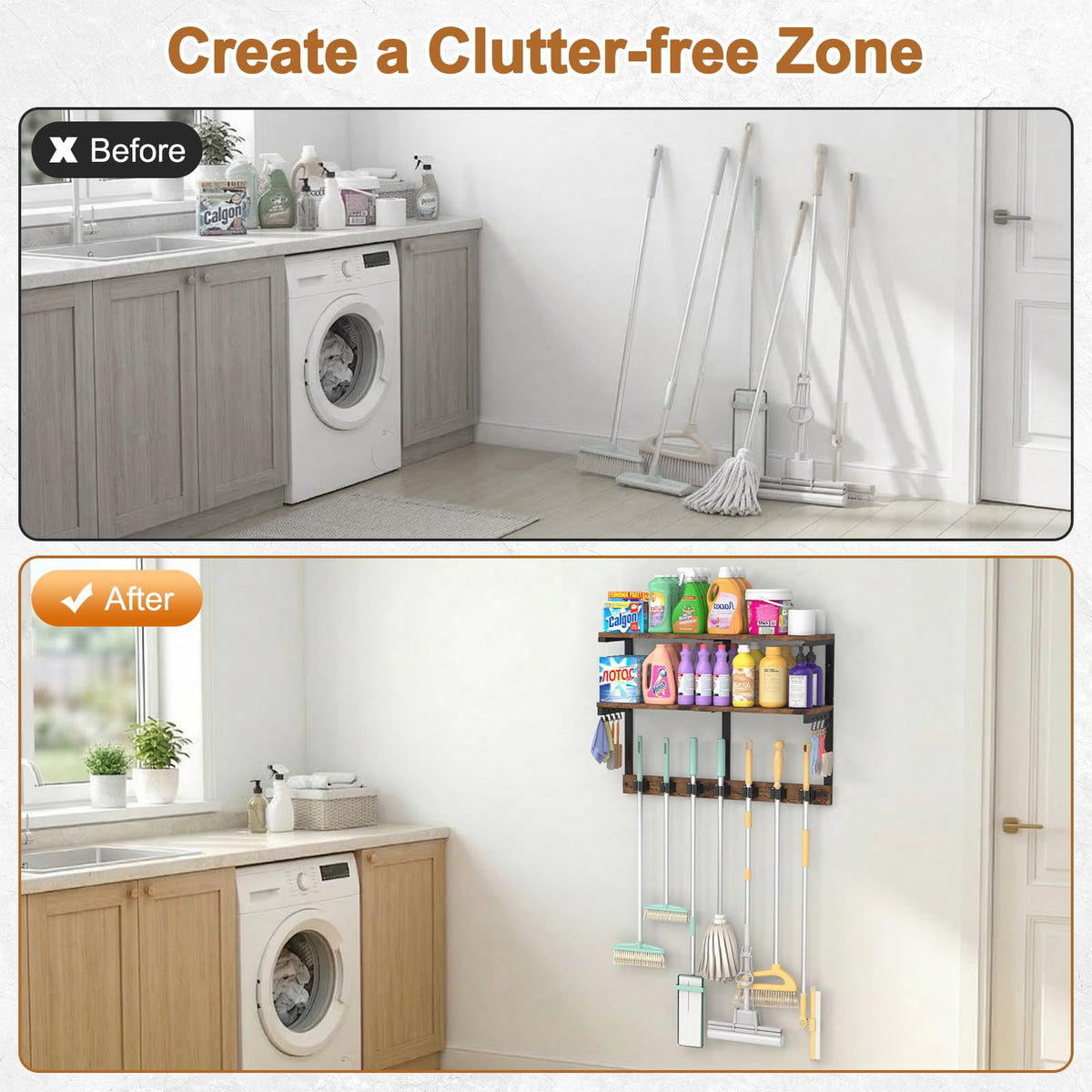 Wall Mount Broom Holder Laundry Room Storage Organizer Shelves