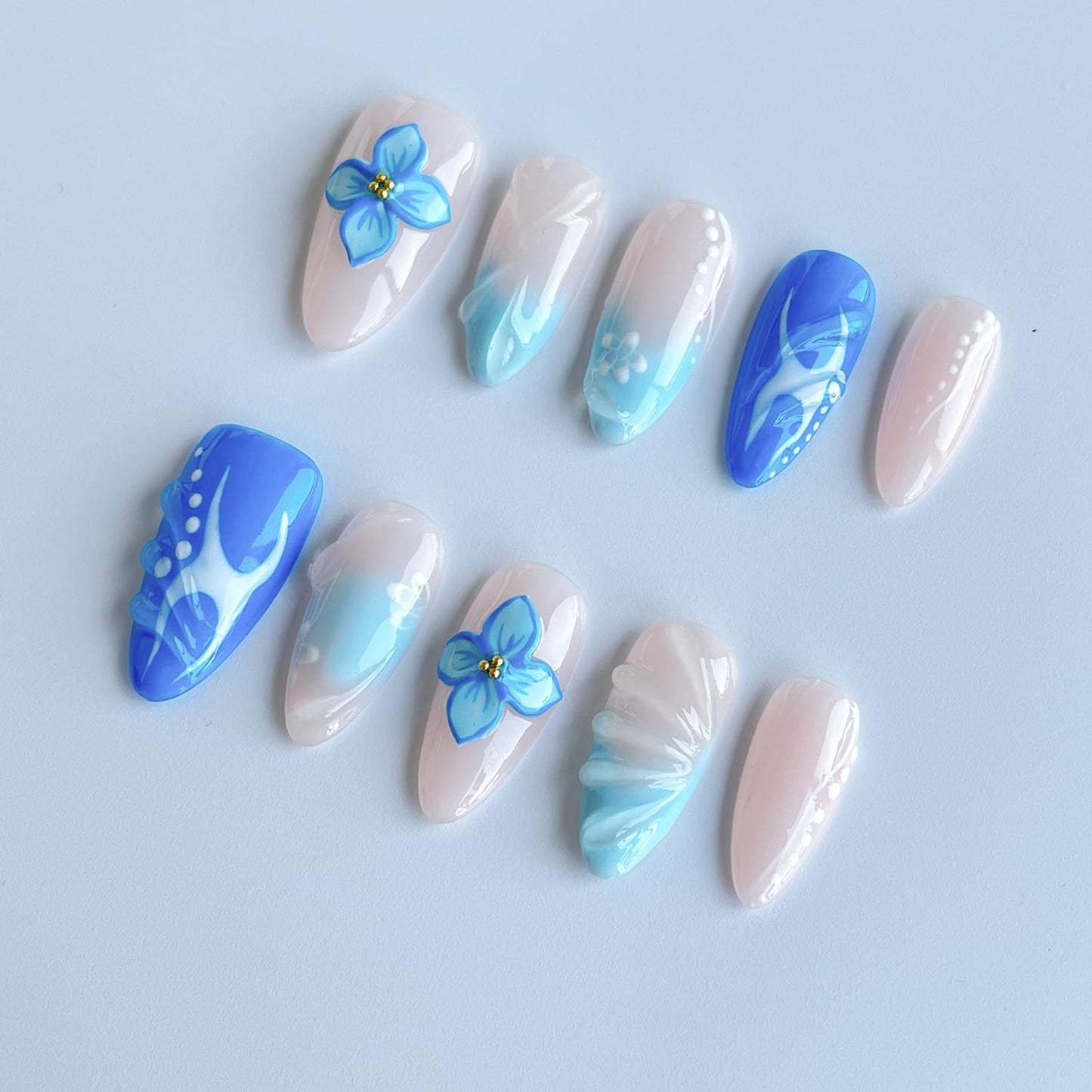 Luxury Press on Nails Medium Almond 3D Unique Handmade Fake Nails Blue False Nails with Designs Flower Water Ripple Beach Reusable ABS MaterialGlossy Glue on Thick Acrylic Nails(M)