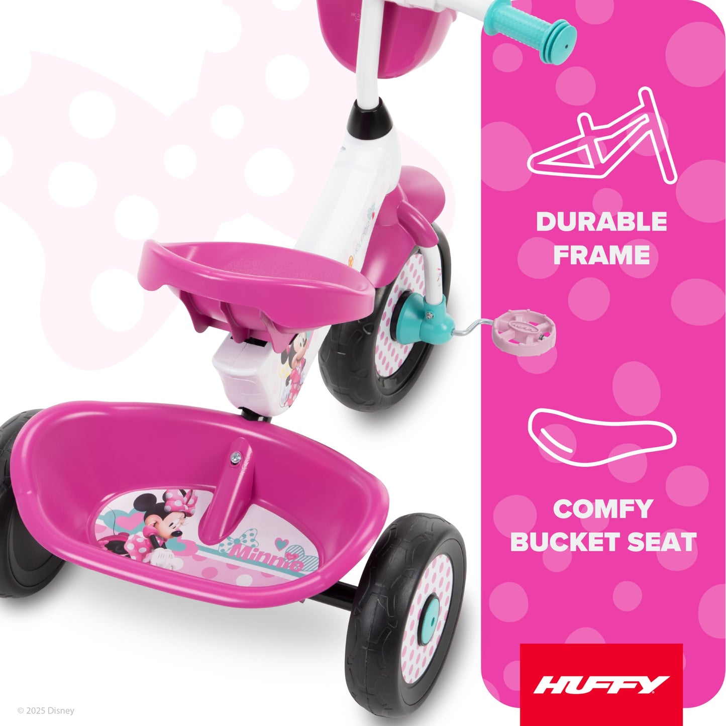 Huffy Disney Minnie Mouse Girl's Trike, Ideal for Ages 3+, Minnie Mouse Graphics, Pink Handlebar Bow Basket, Storage Bins for Snacks or Toys, Sturdy and Durable, Safe for Toddlers