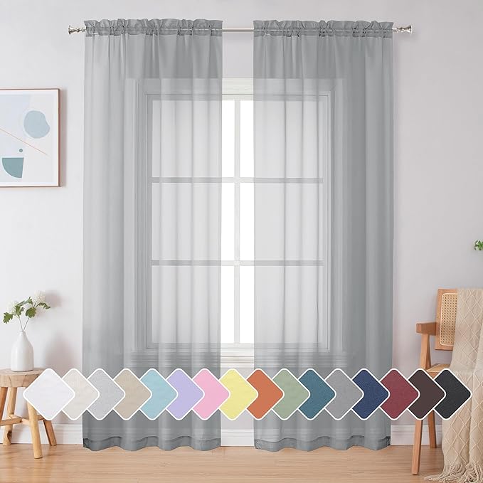 Simplebrand Light Grey Sheer Curtains 72 Inches Long 2 Panels for Living Room, Rod Pockets Airy Window Treatments Voile Sheer Black Curtains Panels Lightweight for Front Back Patio Glass Door, 42" W