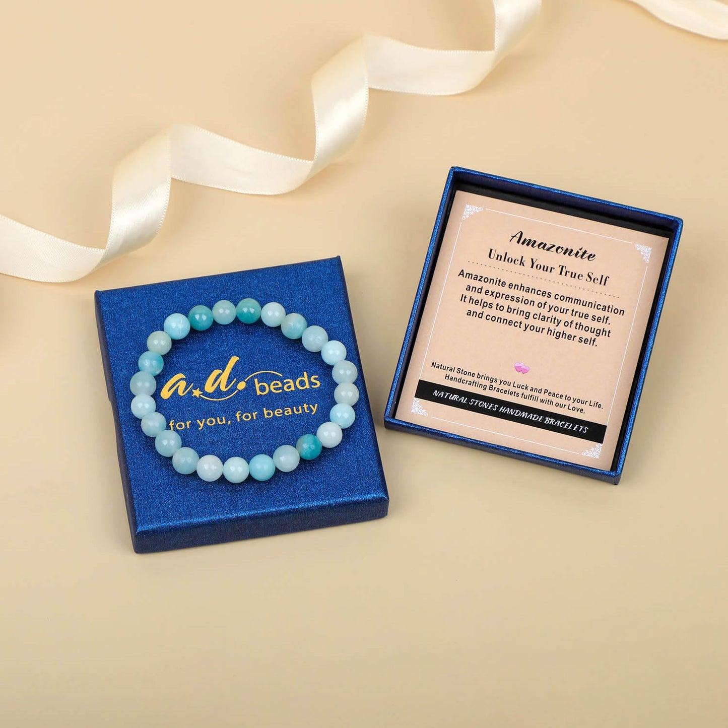 AD Beads Handmade Gemstone Stretch Elastic Bracelet Crystal Healing Reiki Nature's Beauty and Spiritual Essence Unisex (4mm, Amazonite (Unlock Your True Self))