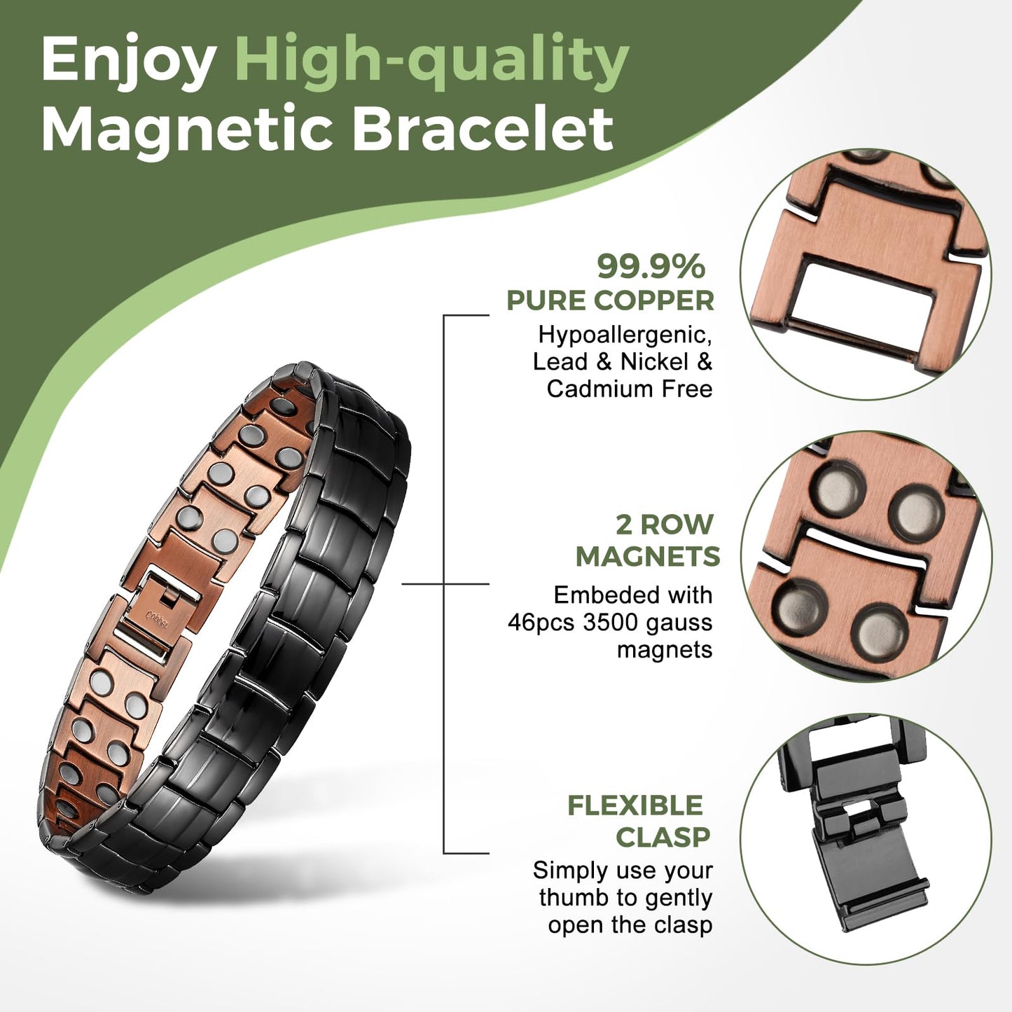 MagEnergy Mens Copper Magnetic Bracelets & Lymphatic Drainage Ring, 99.9% Pure Copper Bracelet with Double-Row Strength Magnets, Adjustable Jewelry with Sizing Tool（Black）