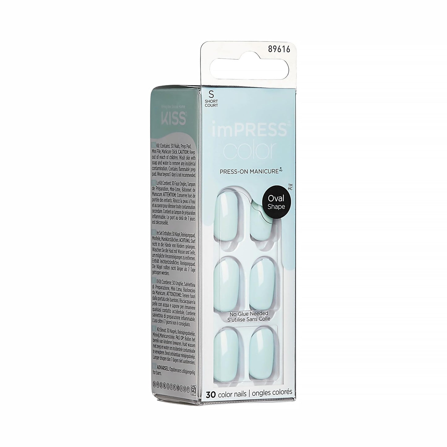 KISS imPRESS Color No Glue Mani 30 Pcs Press On Nails, Light Blue, Short Size, Oval Shape, Simple Peel & Press Easy Apply, Hassel-Free Removal, Essential Tools Included