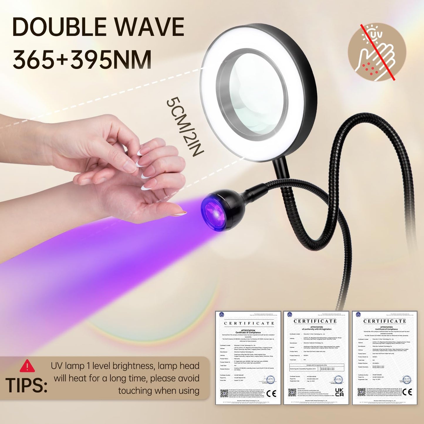 AORAEM LED UV Nail Lamp: Double-Headed Gooseneck UV Lamp for Gel Nails, LED Flash Cure Lamp with 6X Magnifier Home DIY Salon, Black