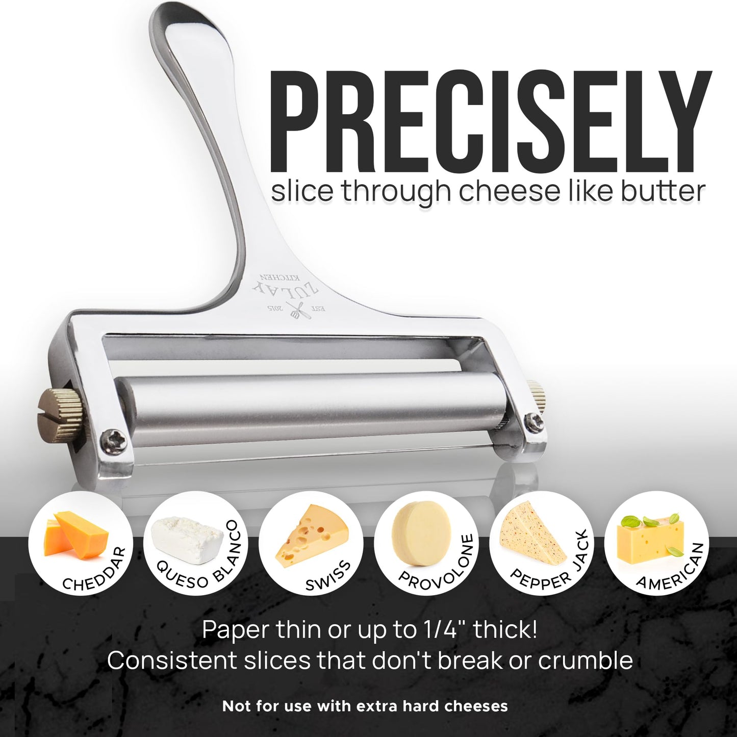 Zulay Kitchen Stainless Steel Wire Cheese Slicer - Adjustable Hand Held Cheese Cutter with 2 Extra Wires - Premium Cheese Shaver for Mozzarella, Cheddar, Gruyere - Cheese Cutter with Wire (Silver)