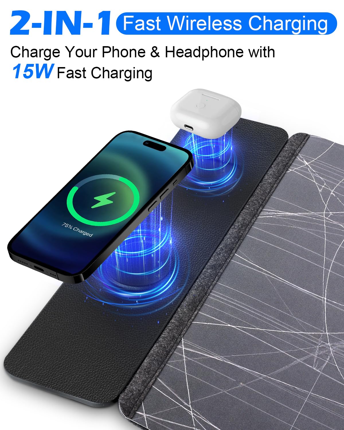 Tenfosum Wireless Charging Mouse Pad 30"x15" XXL Large Desk Mat with Wireless Charger Two Layers Thicken PU+Felt Waterproof Mousepad for Laptop, 2 in 1 Charging Station for iPhone