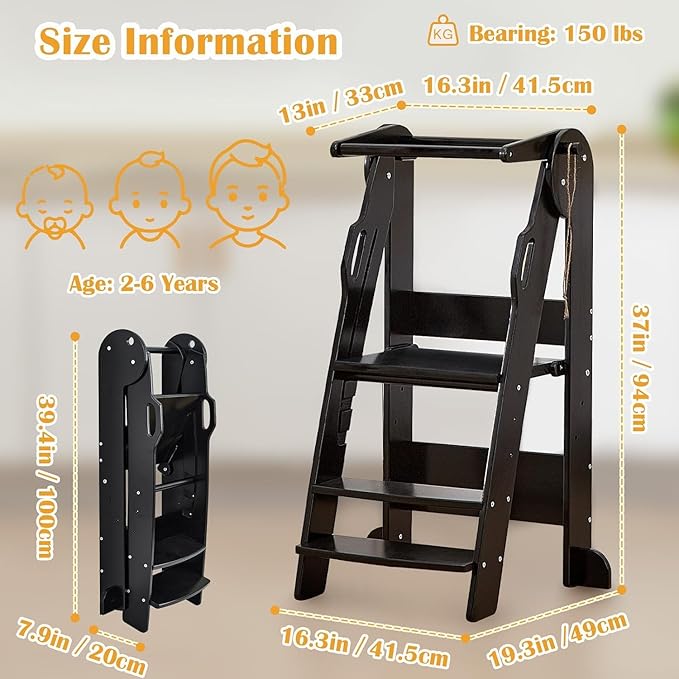 FUNLIO Foldable Kitchen Step Stool for Kids 2-6 Years, Montessori Step Stool, 3-Level Height Adjustable Standing Tower, Easy to Assemble, CPC & CE,Black