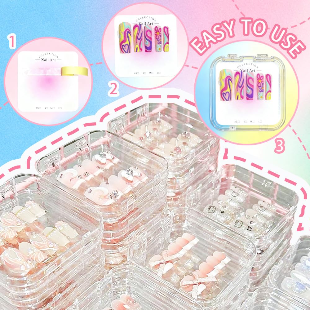 PZSZMIAO 15PCS press-on nail storage set includes 1 Clear Organizer, 14 Nail Display Case Fake Nail Instructions and Double Sided Adhesive Artificial False Nail Box Acrylic Organizer Nail Case