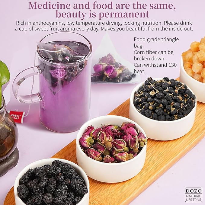 DOZO Beauty tea Bright Beauty Tea Bags Black Mulberries Rose Black Wolfberry Tea 6.35oz/180g (30bags) Flower Tea Mulberry Goji Berries Anthocyanin Vegan Health Herbal Tea 美肤养颜茶 桑葚玫瑰黑枸杞茶