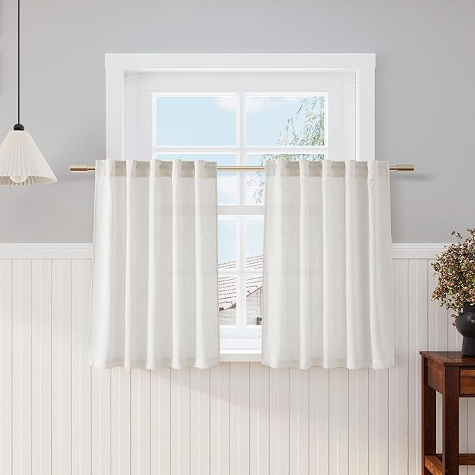 Nanspring Cream 36 Inch Length Kitchen Curtains Linen Blend Back Tab Privacy Light Filtering Bathroom Window Curtains Modern Sheer Short Curtain for Front Small Door Window Laundry RV Camper 26x36