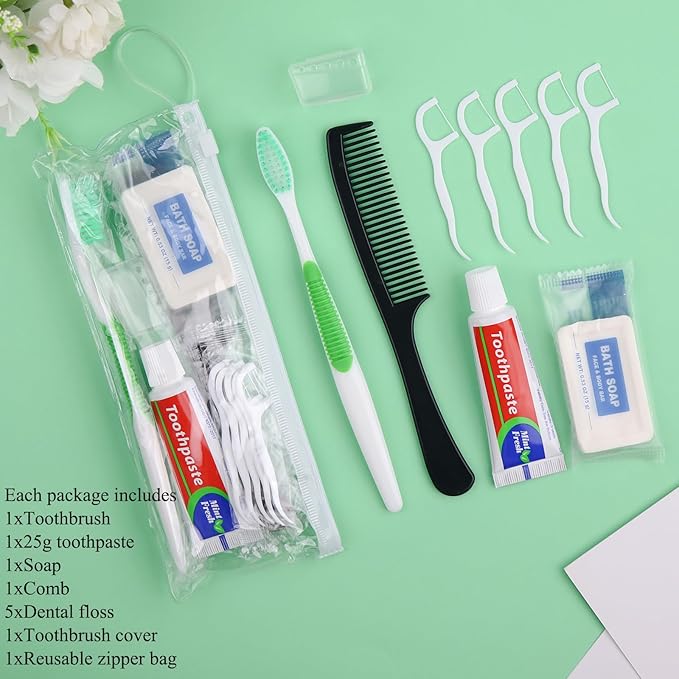 10 Set Personal Care Travel Toiletries Sets Bulk,7-in-1 Disposable Toothbrushes with Toothpaste and Floss,Comb,Soap,Cover,Zip Bag Toiletry Travel Toothbrush Kit for Homeless,Hotel,Charity