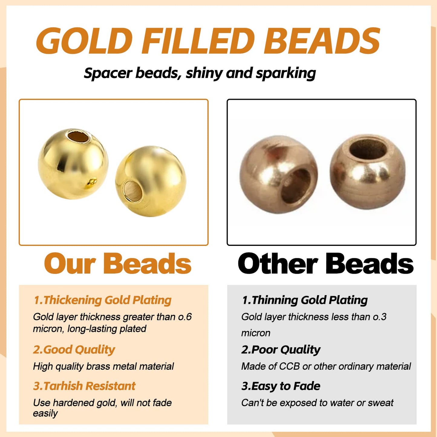CNONE 310Pcs 18K Gold Filled Spacer Beads for Jewelry Making, Round Small Ball Gold Filled Beads for Bracelet, Necklace Bulk Supply (4mm)