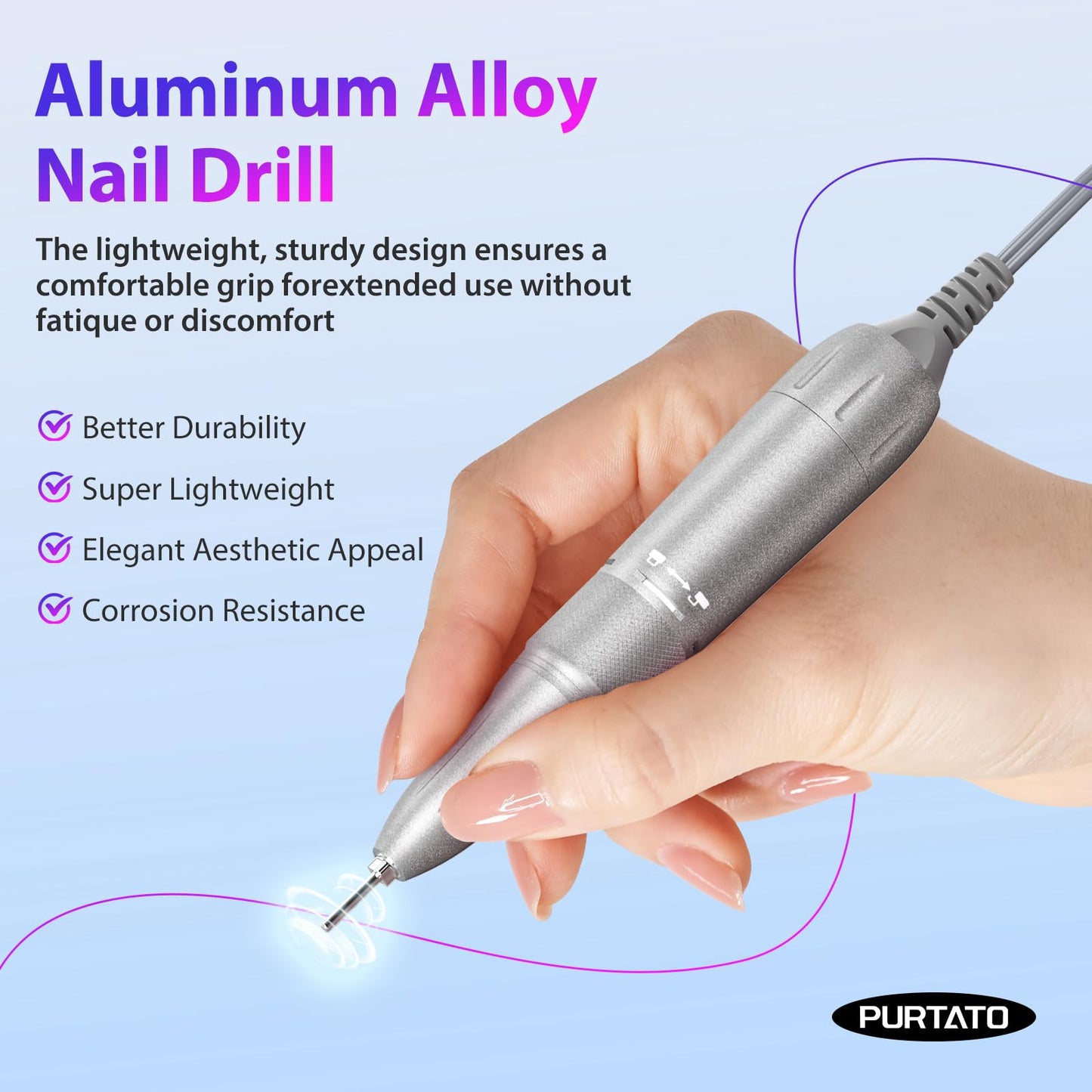 PURTATO Professional Nail Drill 40,000 RPM, Rechargeable,LCD Display E File Machine for Acrylic Nails Gel Polishing Removing Portable Nails Efile Tools for Manicure Salon & Home (Silver)