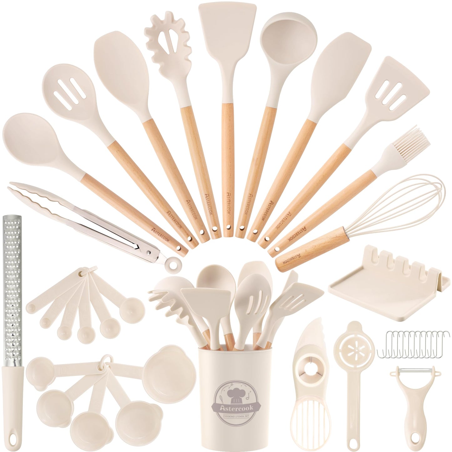 Astercook Kitchen Utensils set, 39 PCS Silicone Cooking Utensils Set with Wooden Handle, 446°F Heat Resistant Food Grade Utensil Sets, BPA Free Kitchen Gadgets Tools Set for Mothers Day Gifts