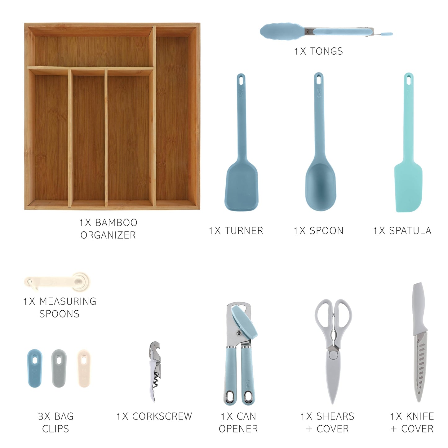 COOK WITH COLOR Bamboo Kitchen Utensil Set with Drawer Organizer | Cooking Tools and Storage Caddy, Blue, 18 Piece Gadget Set