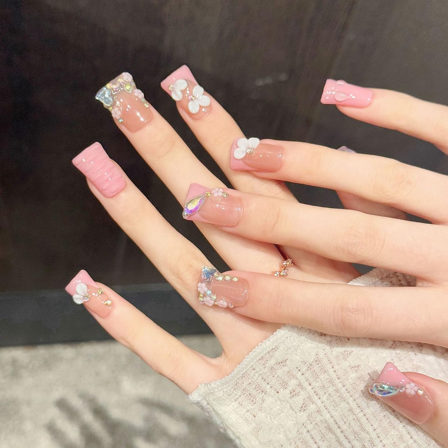 10 Pcs Press on Nails Handmade Duck Glue on Nails Pink French Tip with 3d Sparkling Diamond Design Handmade Acrylic Nails Elegant for Women for Spring Summer (S)