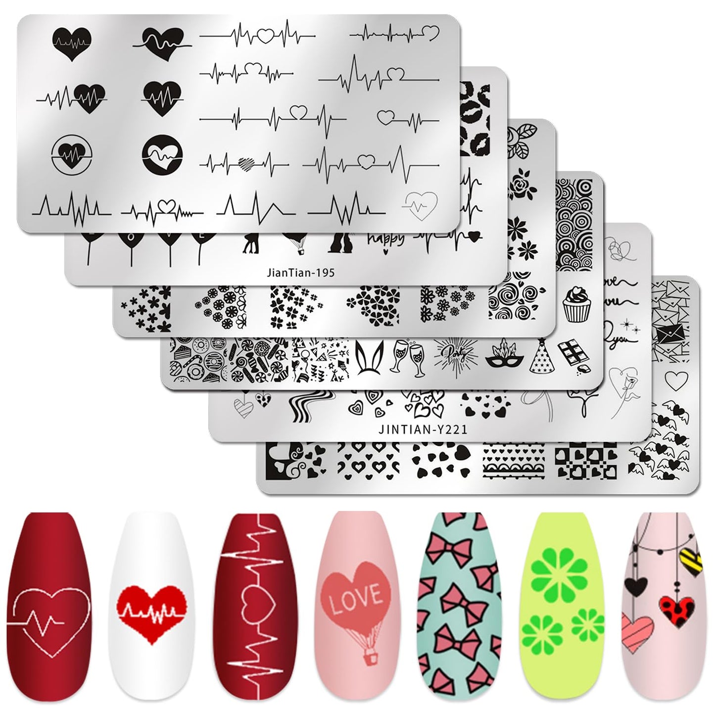 DANNEASY 6 Pieces Heart Nail Stamping Plate for Valentine's Day Nail Stamps Stencils Nail Art Stamping Kit Plates for Nails Design Manicure Template Tools Acrylic Nail Accessories