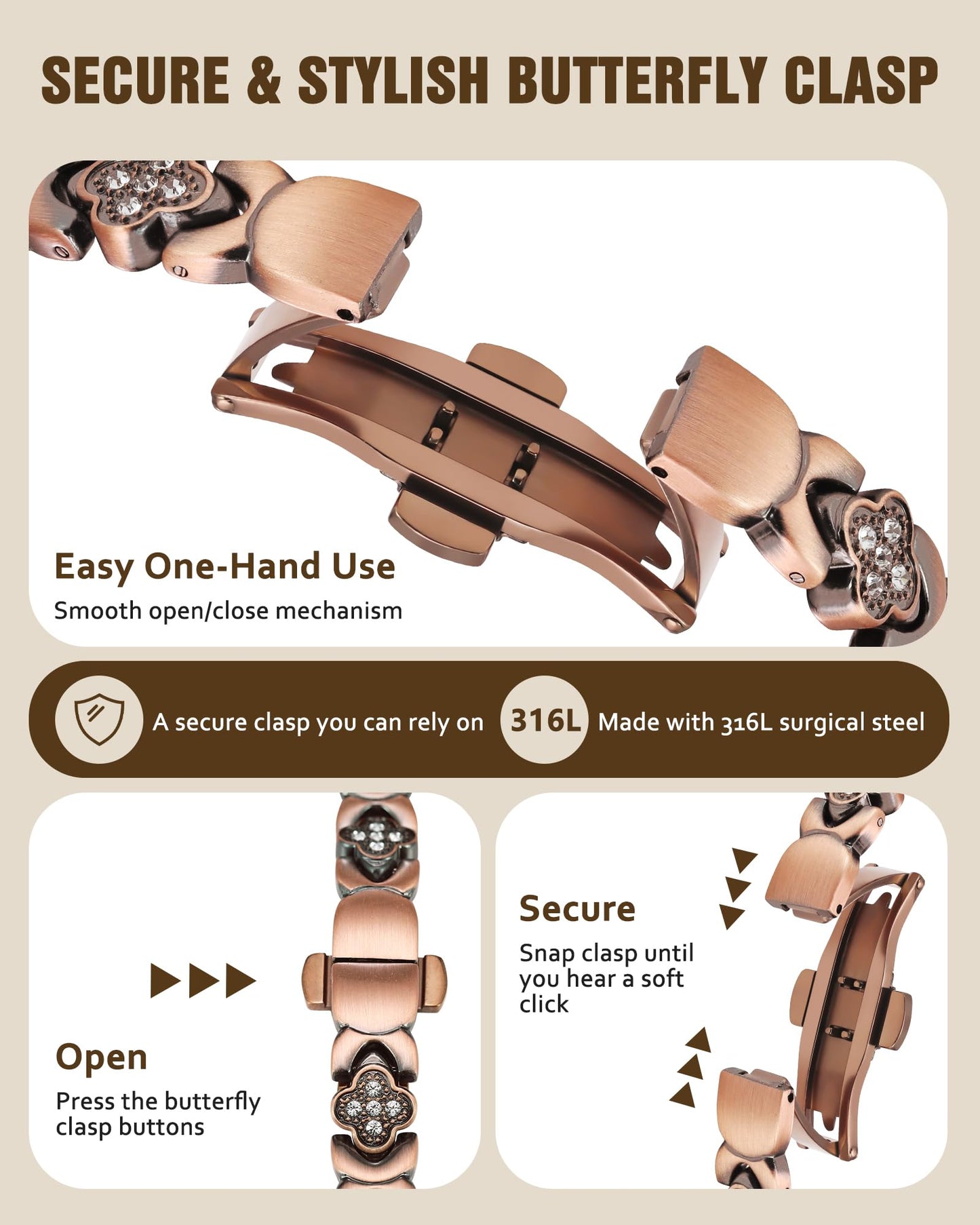 Jecanori 5X Strength Magnetic Copper Bracelet for Women —Updated 5,000 Gauss Ellipse Magnets — Premium Butterfly Clasp & Adjustable Length,Copper Four-Leaf Clover