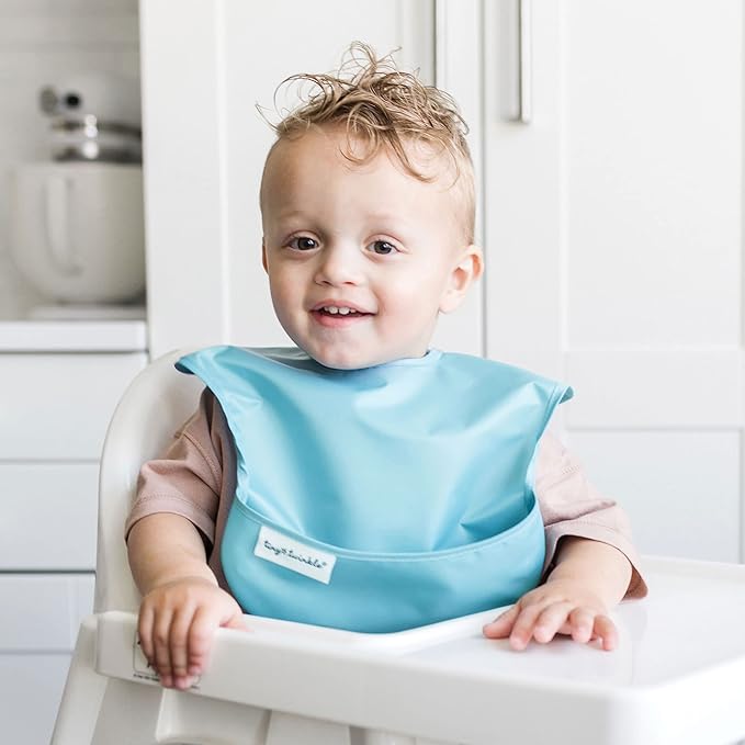 Tiny Twinkle Mess-Proof Baby Bibs for Eating | Waterproof, Wipeable Toddler Bibs with Catch-All Pocket | Feeding Bibs for Girls & Boys(5 Pack, Boy Spring)