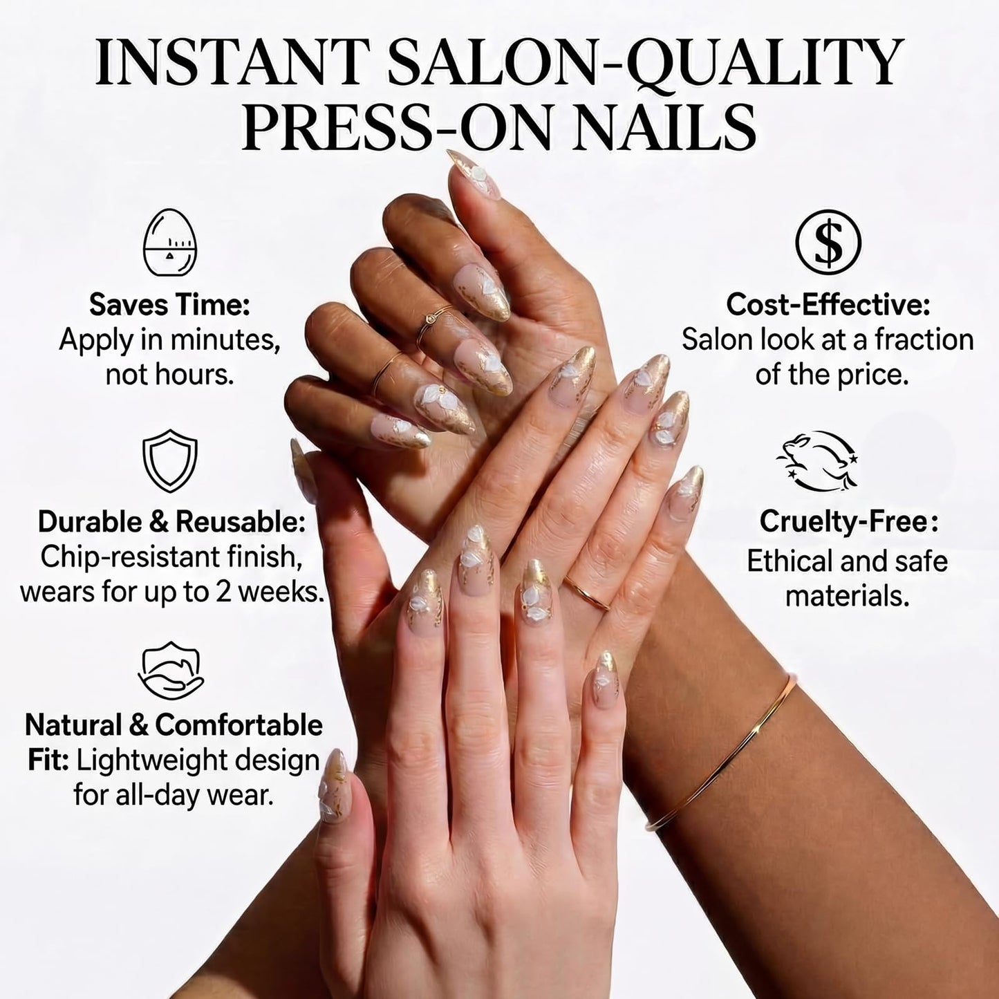 IMRAIN Almond Press on Nails, Medium Fake Nails, Cat Eye 3D White Flower Gold Leaf Design, 24 Pcs Reusable Glue on Nails for Women, Salon Quality