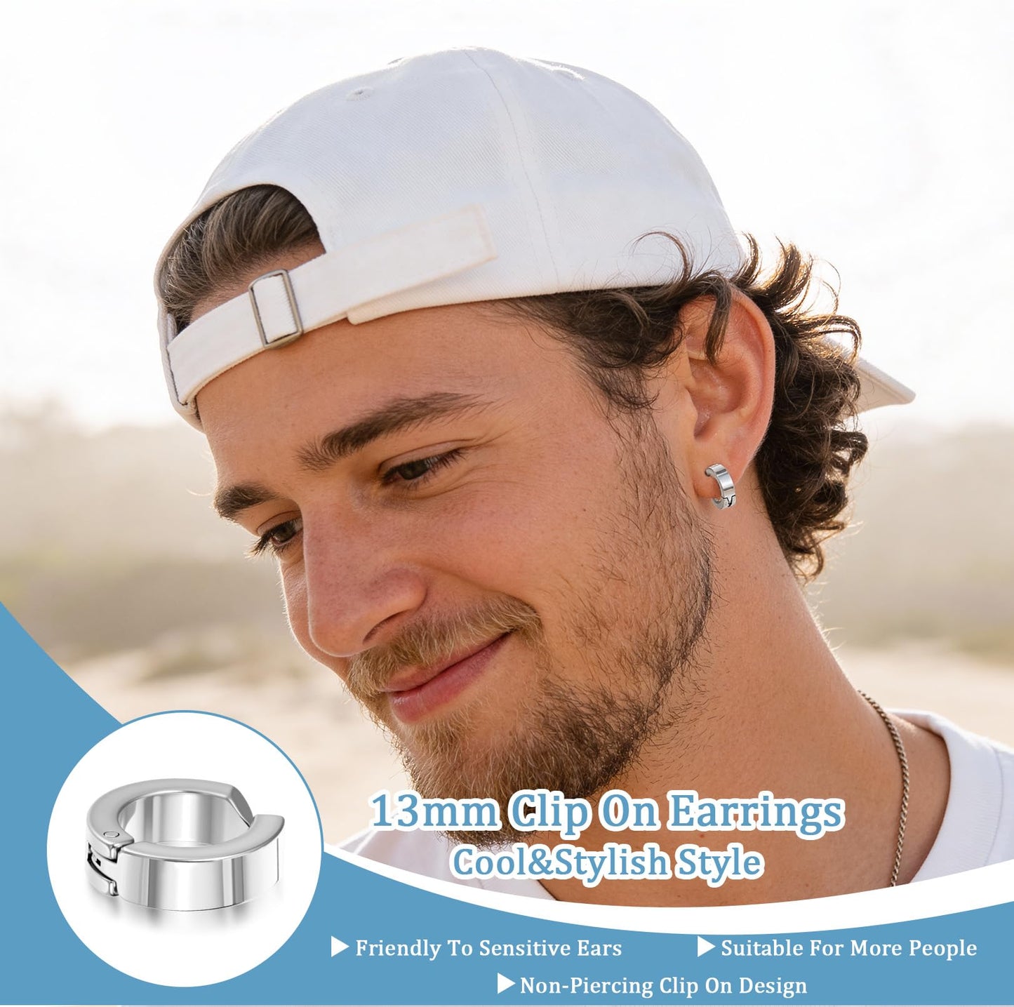 MBAIYO 5 Pairs Clip On Earrings for Men, 5 Color Stainless Steel Fake Ear Hoops