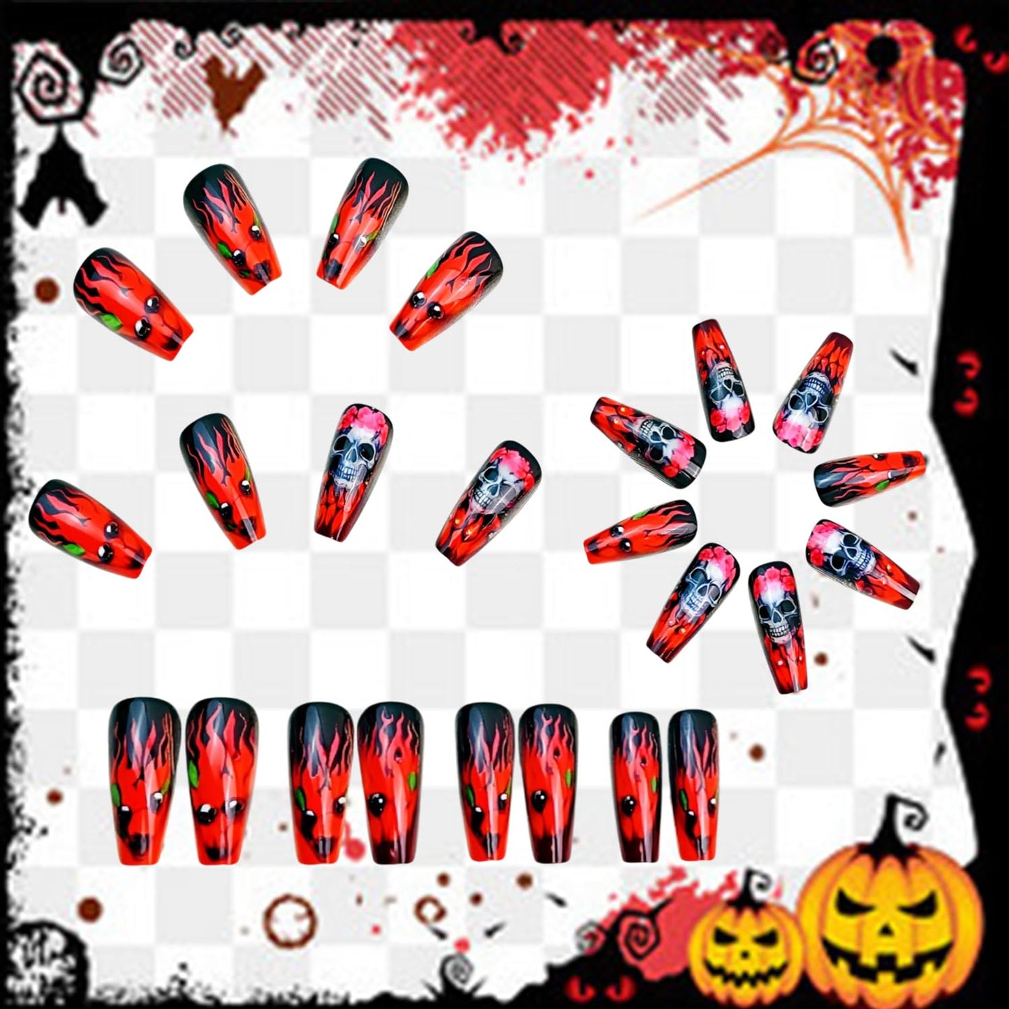 24Pcs Halloween Press on Nails Long Ballet Shaped Horror Skull False Nails Full Cover Artificial Acrylic Fingernails Flame Flower Design Halloween Nail Festival Glue on Nails for Women Supplies