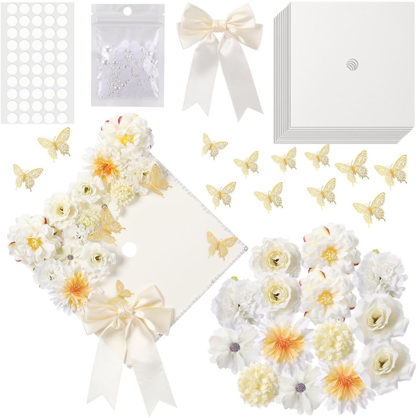 MotiMind 41 Pcs Beige DIY Graduation Cap Decoration Kit, Grad Cap Decorations Grad Hat Topper Faux Assorted Flowers Bows 3D Cream Construction Paper Butterfly Stickers Pearl Adhesive Dots