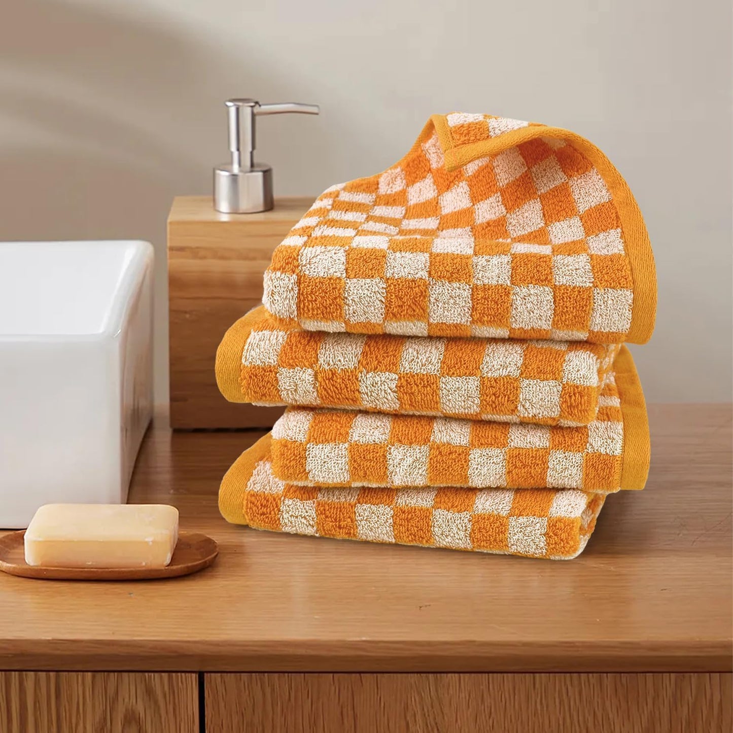 Jacquotha Soft Hand Towels 4 Pack, Orange Checkered Kitchen Towels Set, Decorative Bathroom Decor 13x29 Inches