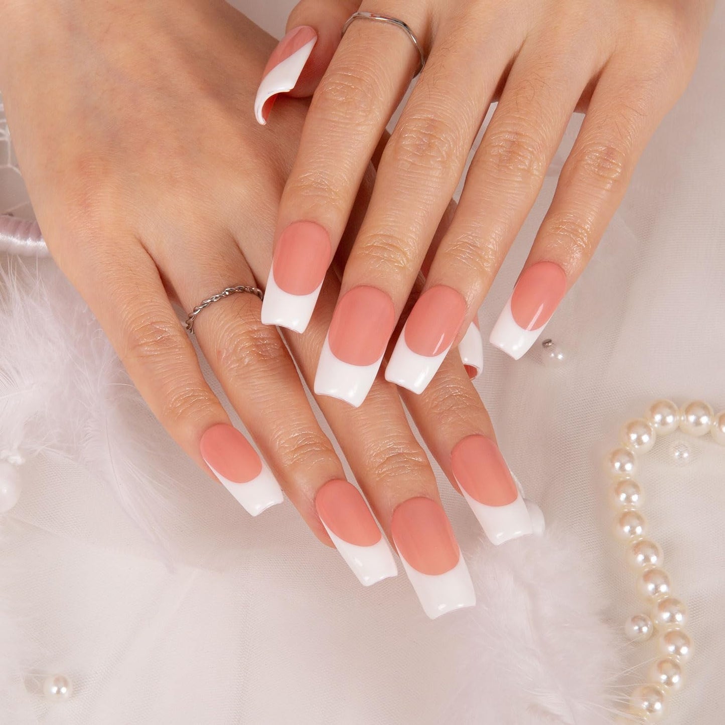 LOVFUL Press on Nails Coffee Latte French Tip| Handmade with Full Covered Crystals | Reusable Fake Nails | Square Regular 1.0 in | H12-L