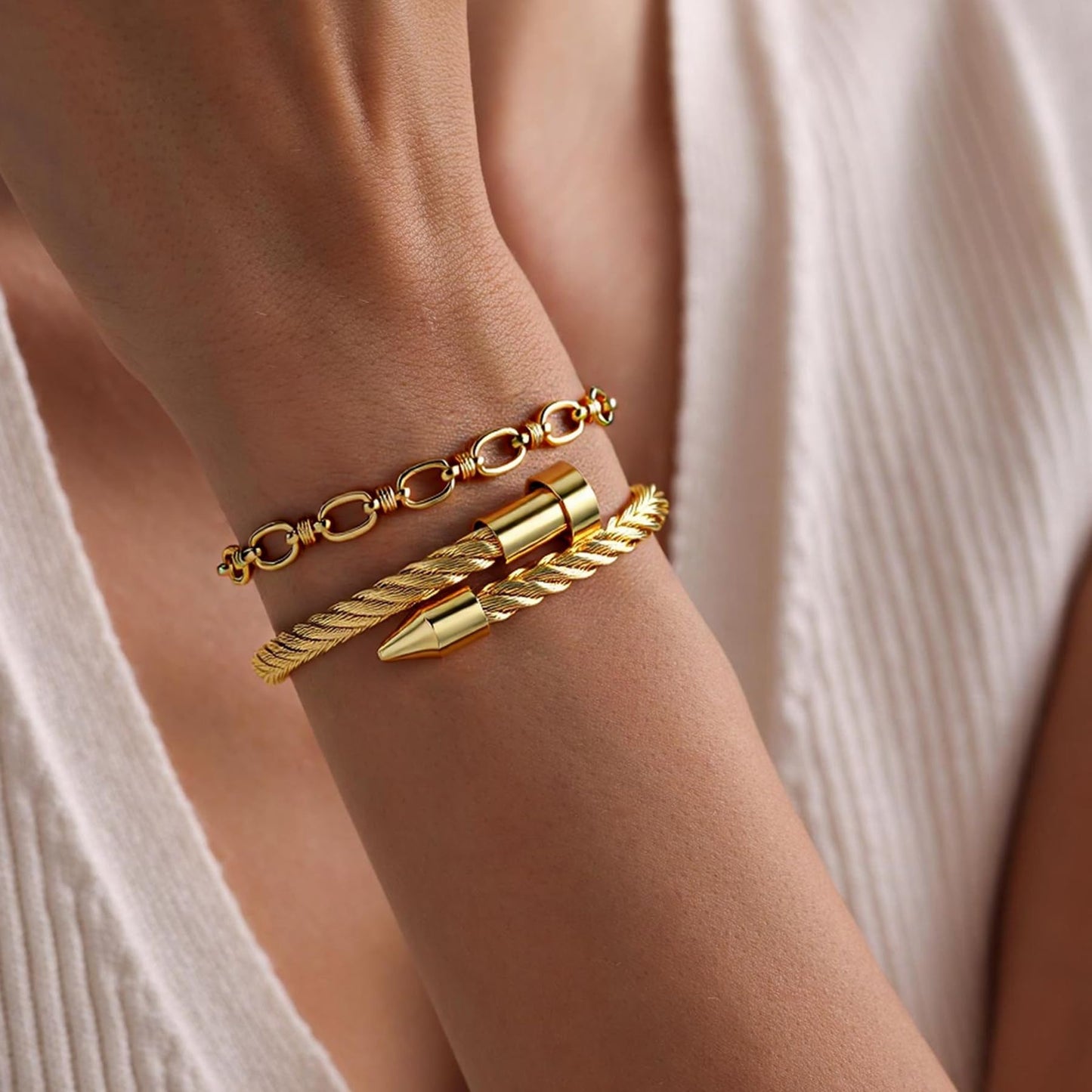 LCTrusttmor Gahna 18K Gold Plated Bracelets Set for Women, Stackable Bangle Bracelet with Adjustable Wristband Chain Set Trendy Jewelry Gifts