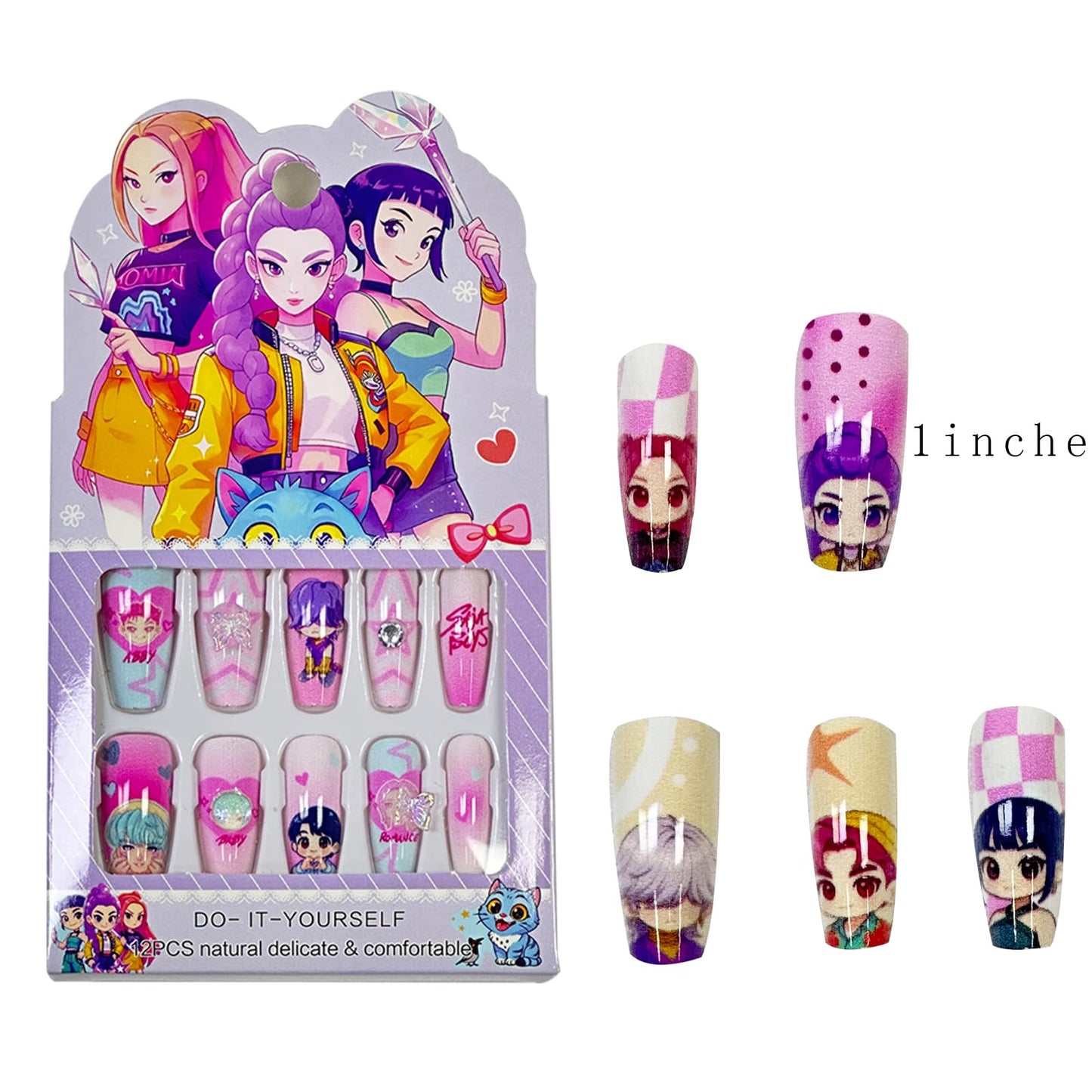 Demon Movie Hunters Nail Stickers 144Pcs - Korean Kpo-p Anime Idol Huntrix Band 3D Self Adhesive Cartoon Temporary Nail Decals - Easy Stick Removeable for DIY Women Girls Kawaii Nail Decoration Art