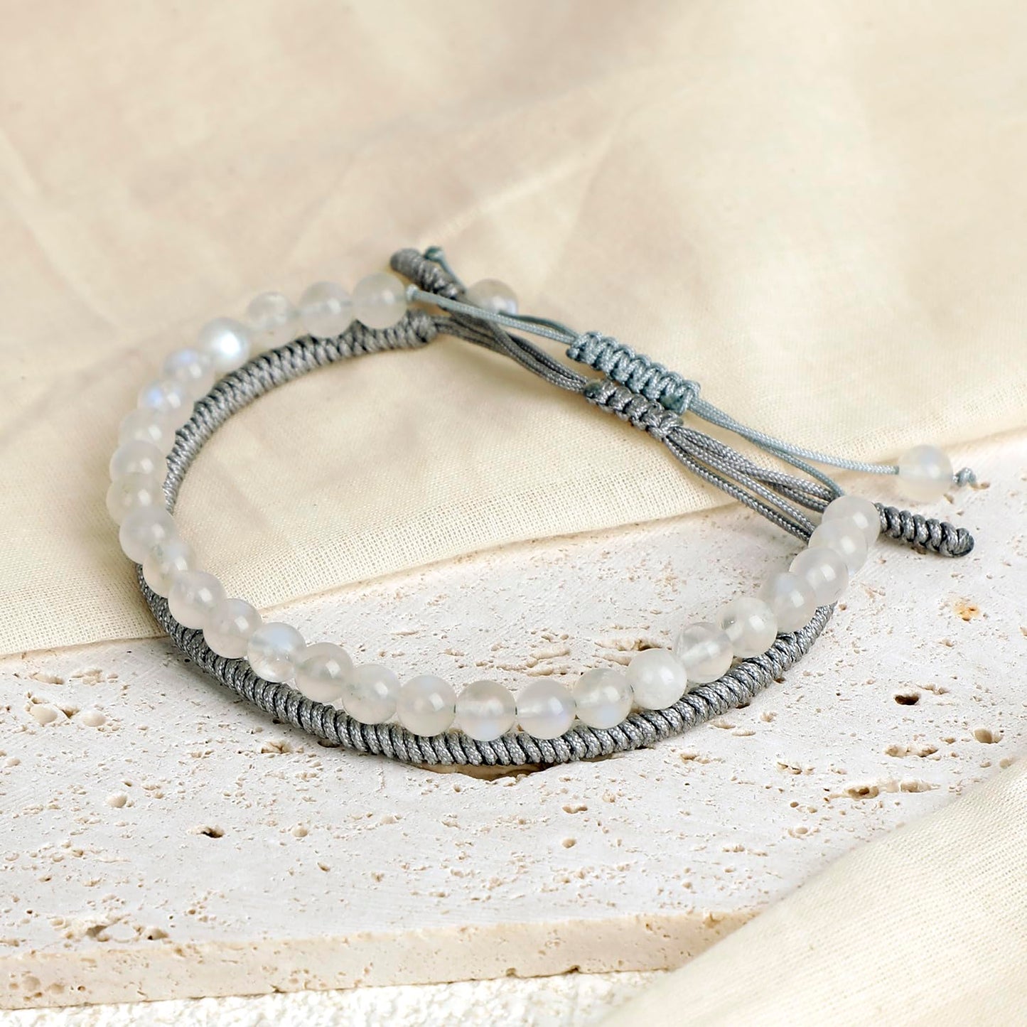 LPBeads 6mm White MoonStone Bracelet with Handmade Rope Bracelet Size Adjustable Natural Stone Crystal Healing Bracelets Gifts for Unisex Adults