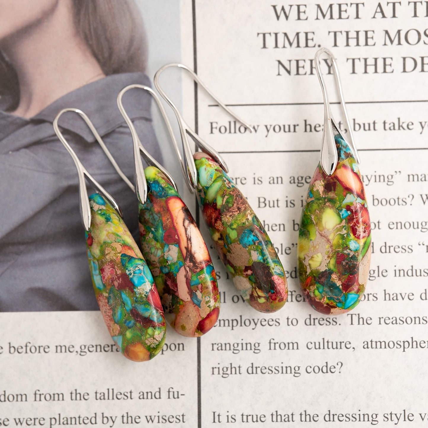Sriomu Natural Healing Stone Fishhoop Dangle Drop Earrings Statement Gold silver earrings