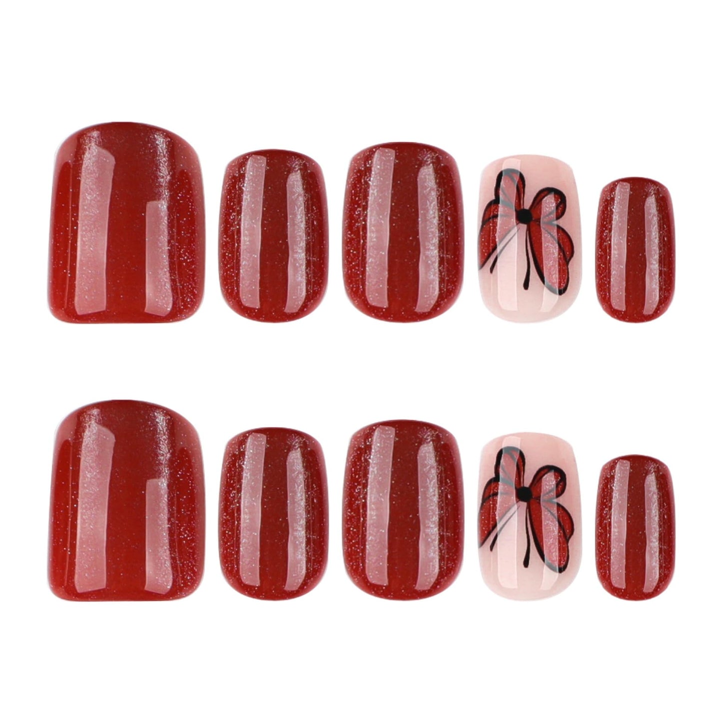 Short Press on Nails Square Fake Nails with Butterfly Design Dark Red Glossy Full Cover Stick on False Nails for Women Manicure 24Pcs