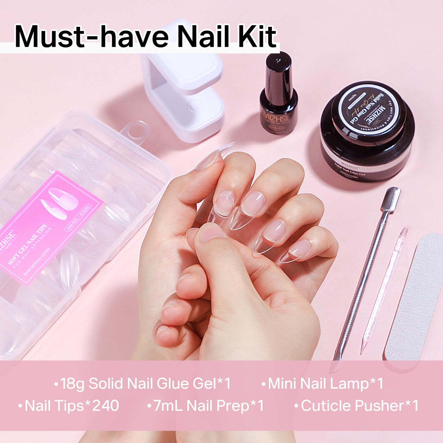 MIZHSE Gel Nail Kit Short Almond Gels Nail Tips, Solid Nails Glue Gel for Press On Nails with Portable U V Lamp 240Pcs 12 Sizes Half Matte Nail Tips Extension U V LED Gift for Women