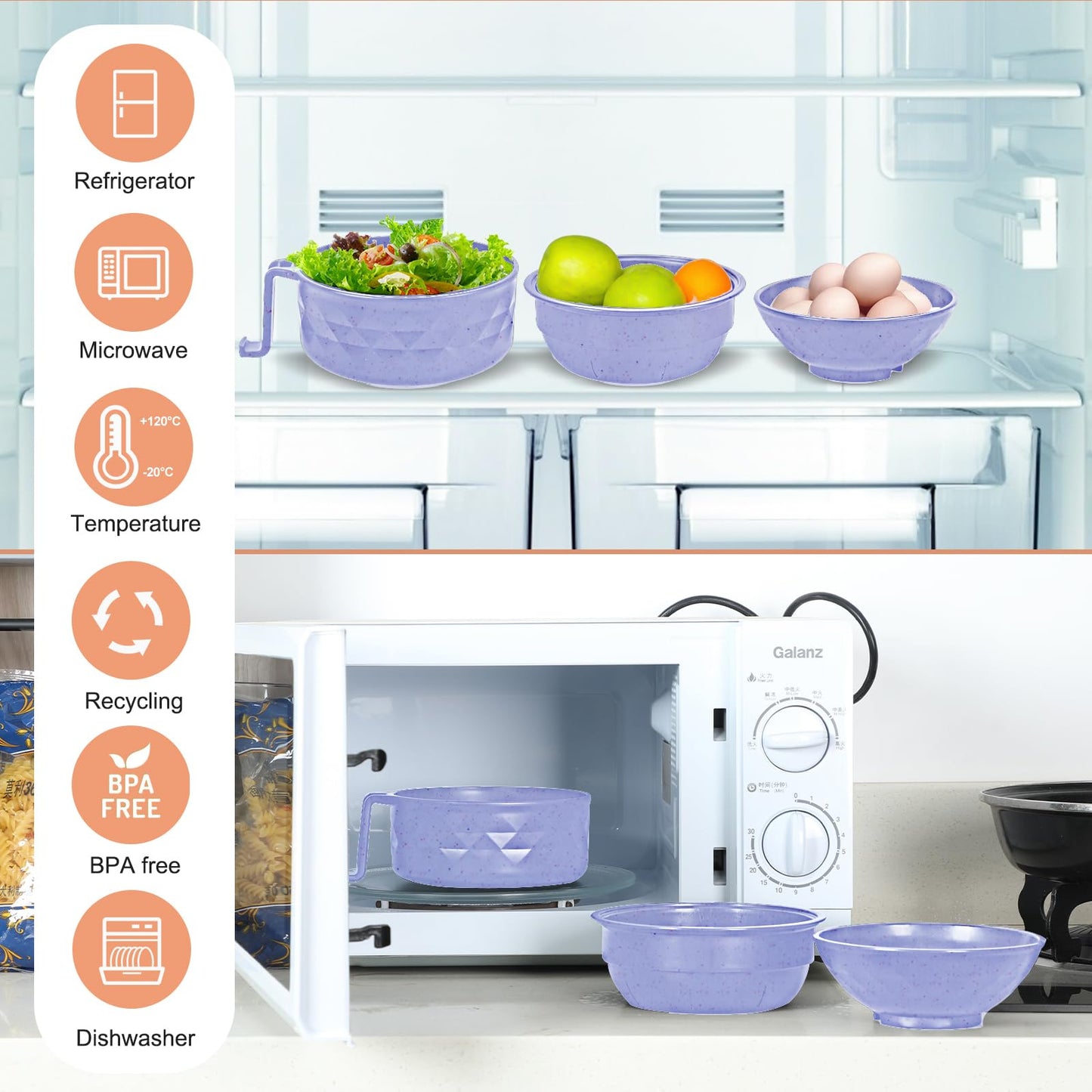 RORBAM Microwave Ramen Cooker,Ramen Bowl Set,Microwave Noodle Bowl With Chopsticks and Spoon, College Dorm Room Essentials for Girls for Boys, Apartment Essentials, BPA-Free. (light purple)