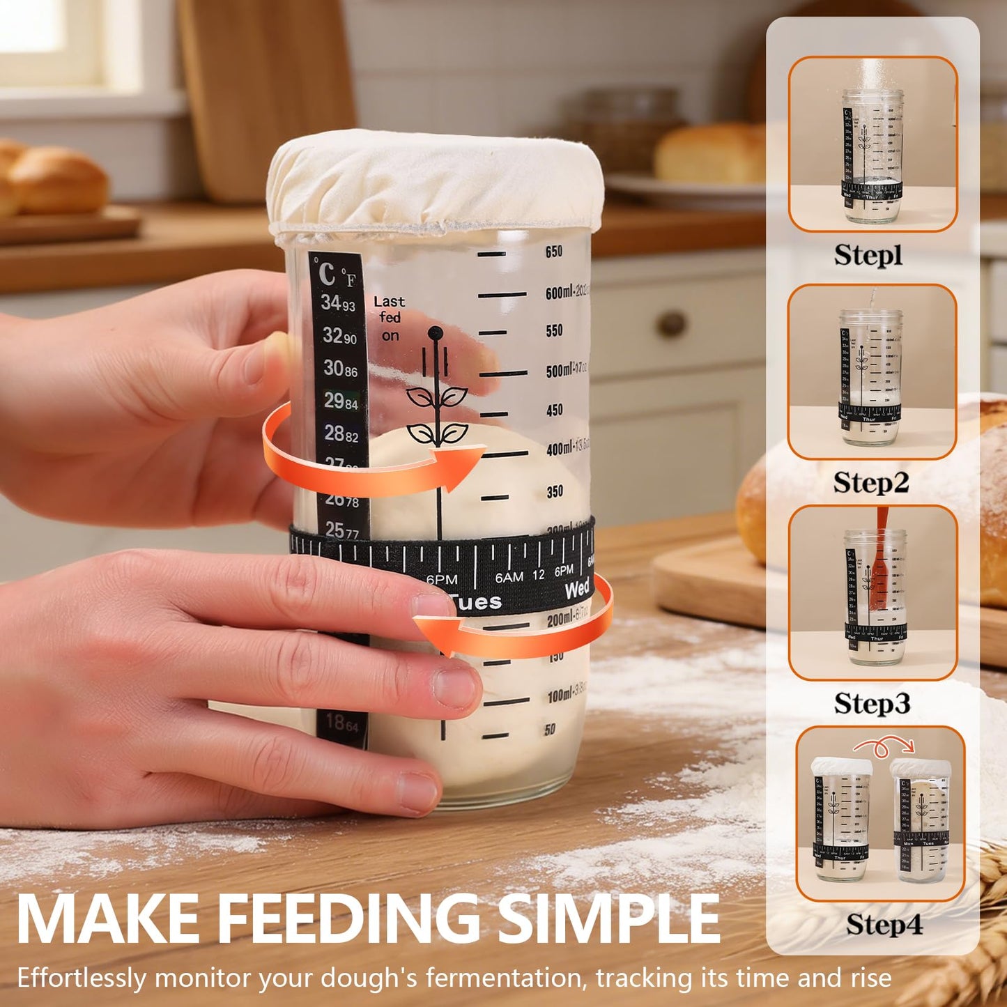 Sourdough Starter Kit for Beginners – Complete Sourdough Kit with Banneton Basket, Bread Lame with Blades, Starter Jar, Bread Stencil, Dough Scraper & Recipe Guide – Sourdough Bread Making Kit