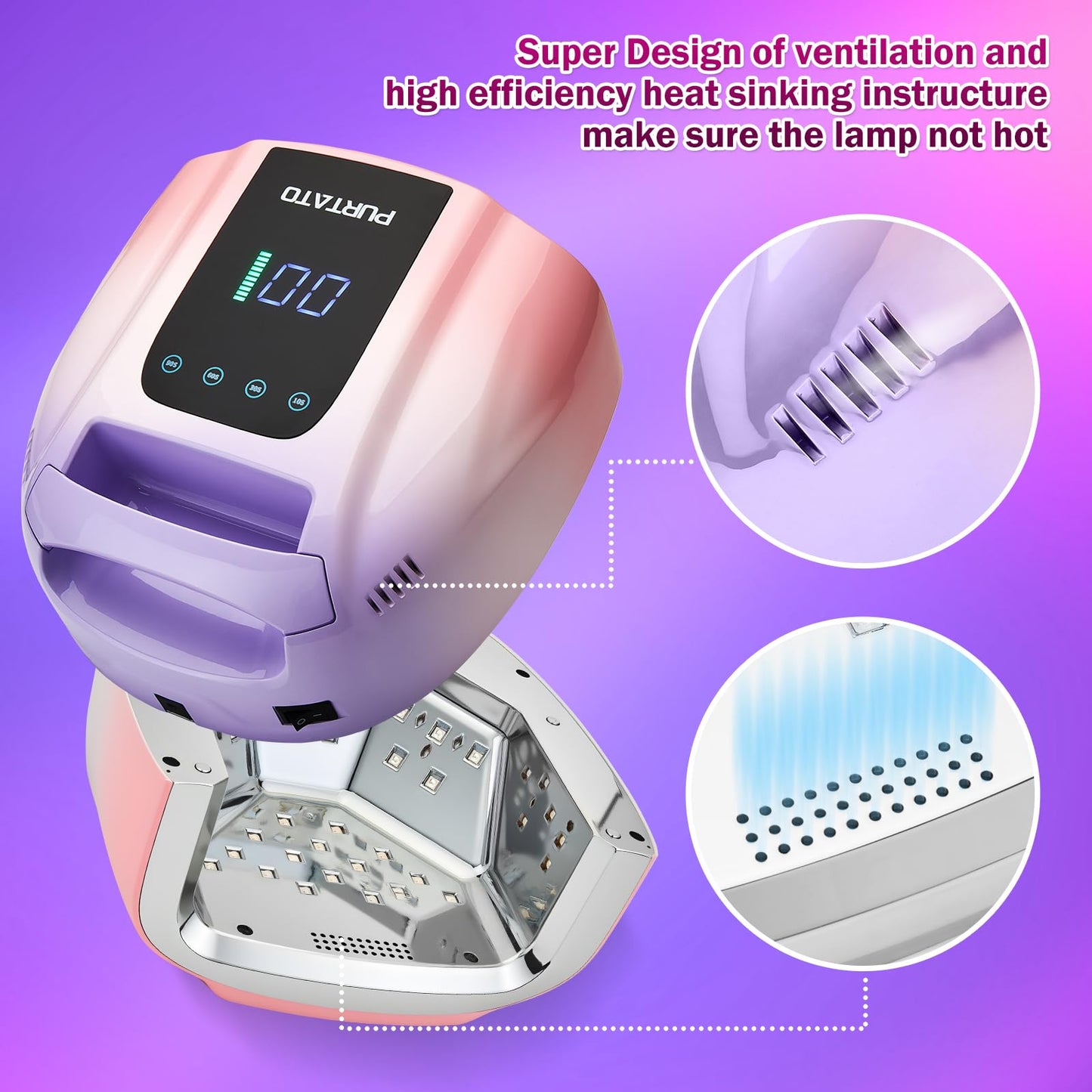 PURTATO Professional Rechargeable 96W UV LED Portable Cordless UV Light for Nail Lamp Machine with Removable Stainless Steel Bottom,4 Timer Setting and Smart Sensor Nail Dryer (Purple&Pink)