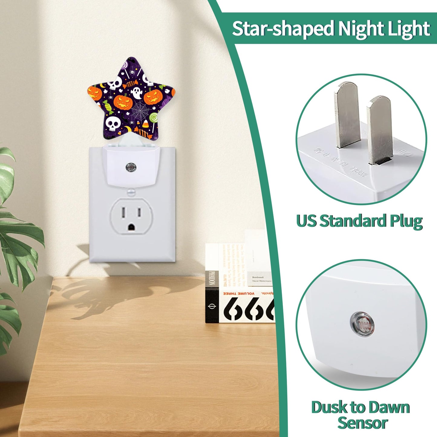 Halloween Skull Star Night Light Plug in, Decorative Night Light for Kids Room Nursery Bedroom, Soft Glow Sensor Lamp for Hallway Bathroom, Compact Energy Saving