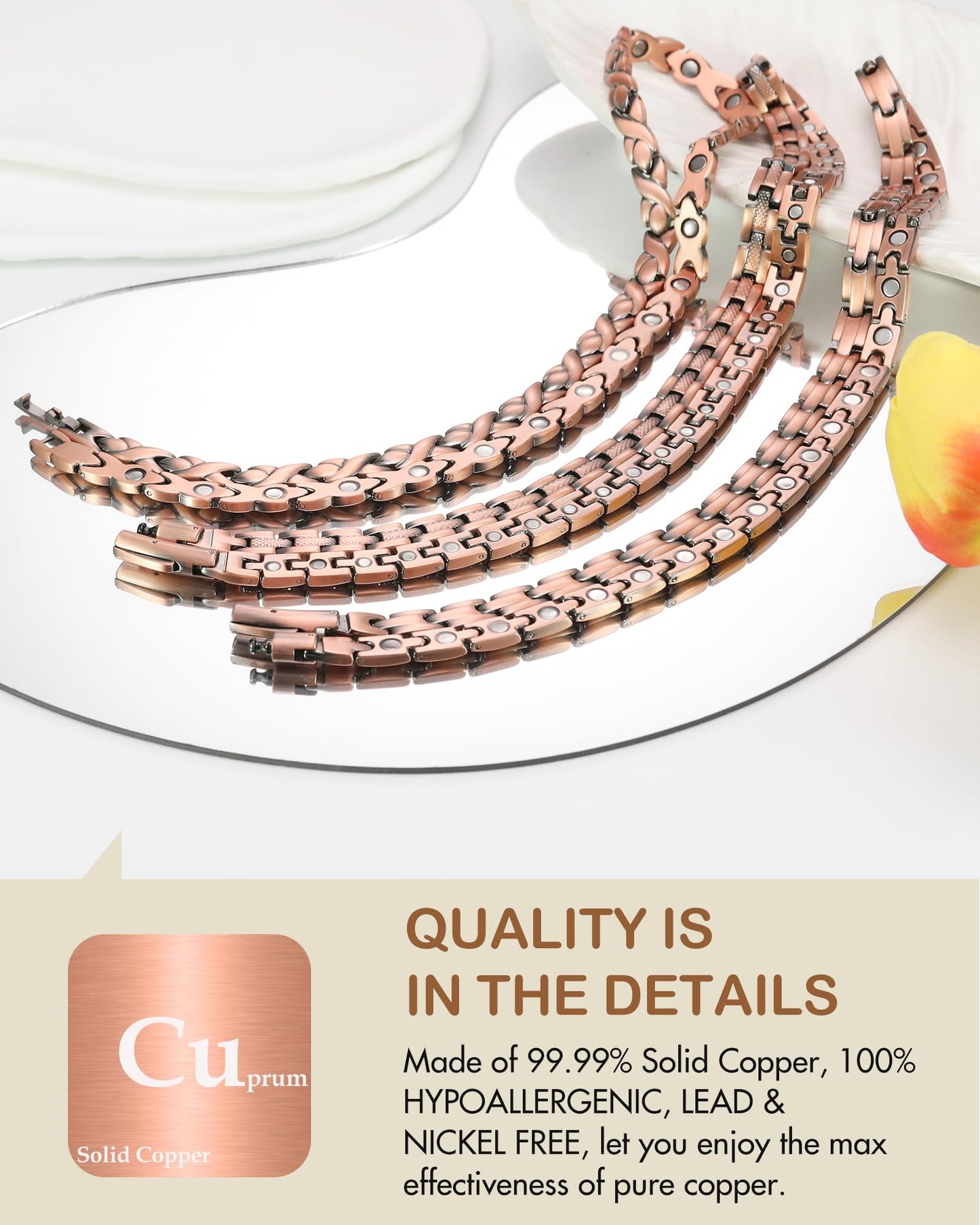 Feraco Copper Necklace for Men Women, 99.99% Pure Copper Magnetic Chains with 3500 Gauss Ultra Strength Neodymium Magnets, Adjustable Jewelry Gift with Sizing Tool (Smooth Wave)