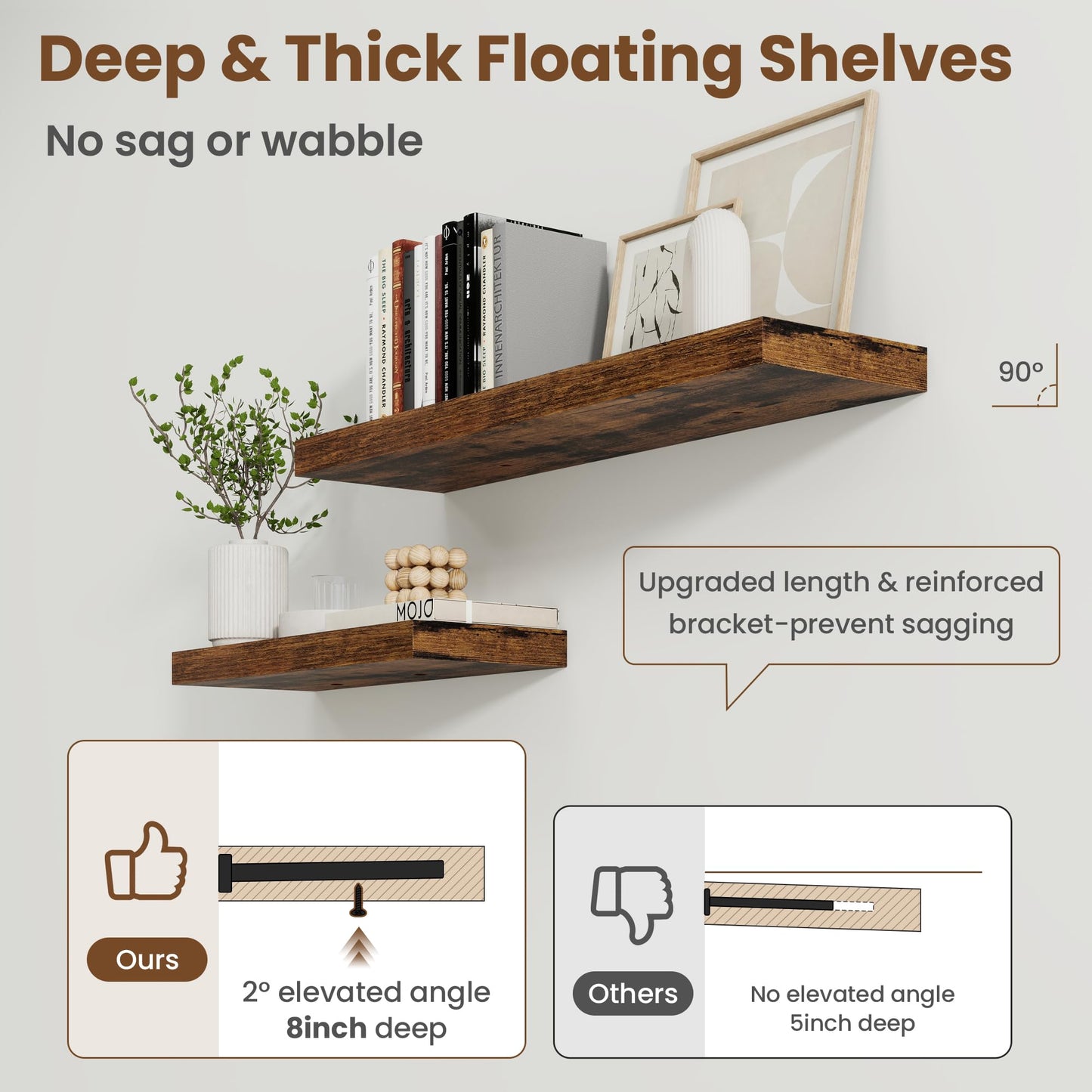 24 Inch Floating Shelves for Wall, 8 Inch Deep Floating Shelf for Storage & Display, Wall Mounted Shelf with Invisible Brackets for Living Room, Kitchen, Bathroom, Home Decor, Set of 2, Rustic Brown
