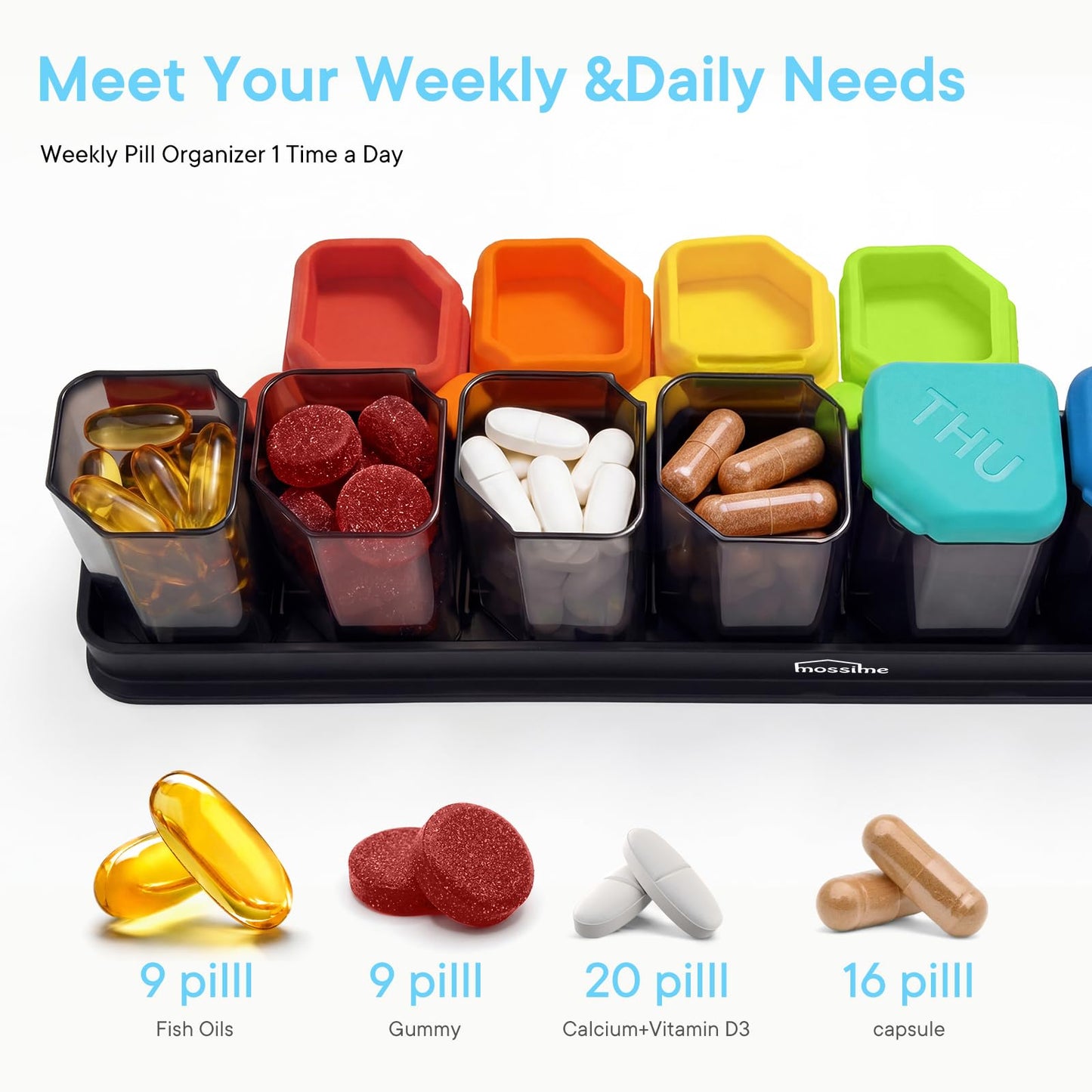 Large Weekly Pill Organizer 1 Time a Day, BPA-Free Pill Dispenser, 7 Day Removable Pill Box with Silicone Lids, Spill Proof Travel Case for Vitamins, Supplements & Daily Medication