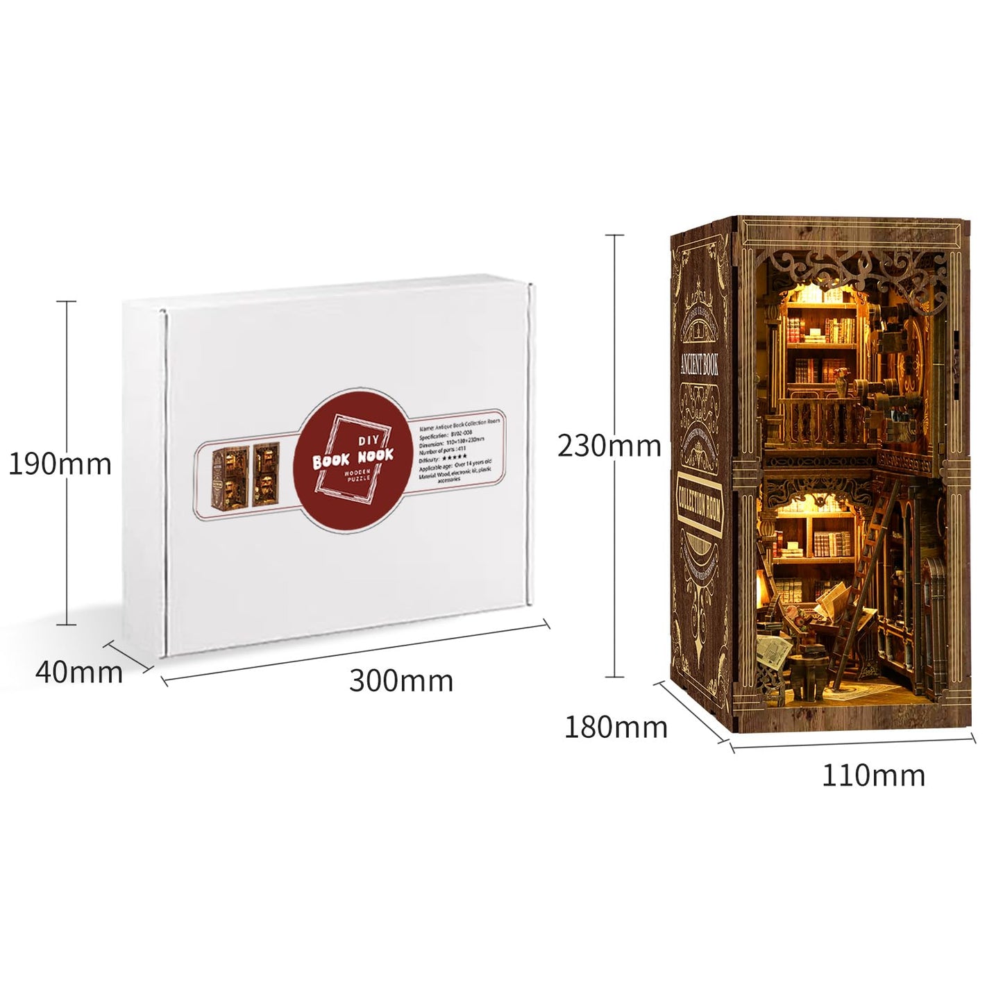 Lyrrez Antique Book Collection Room DIY Book Nook Kit for Adults - Wooden Bookshelf 3D Book Nook Miniature Kit with LED Lights, Puzzle Library Decor for Book Lovers, Dust Proof Display, Unique Gift