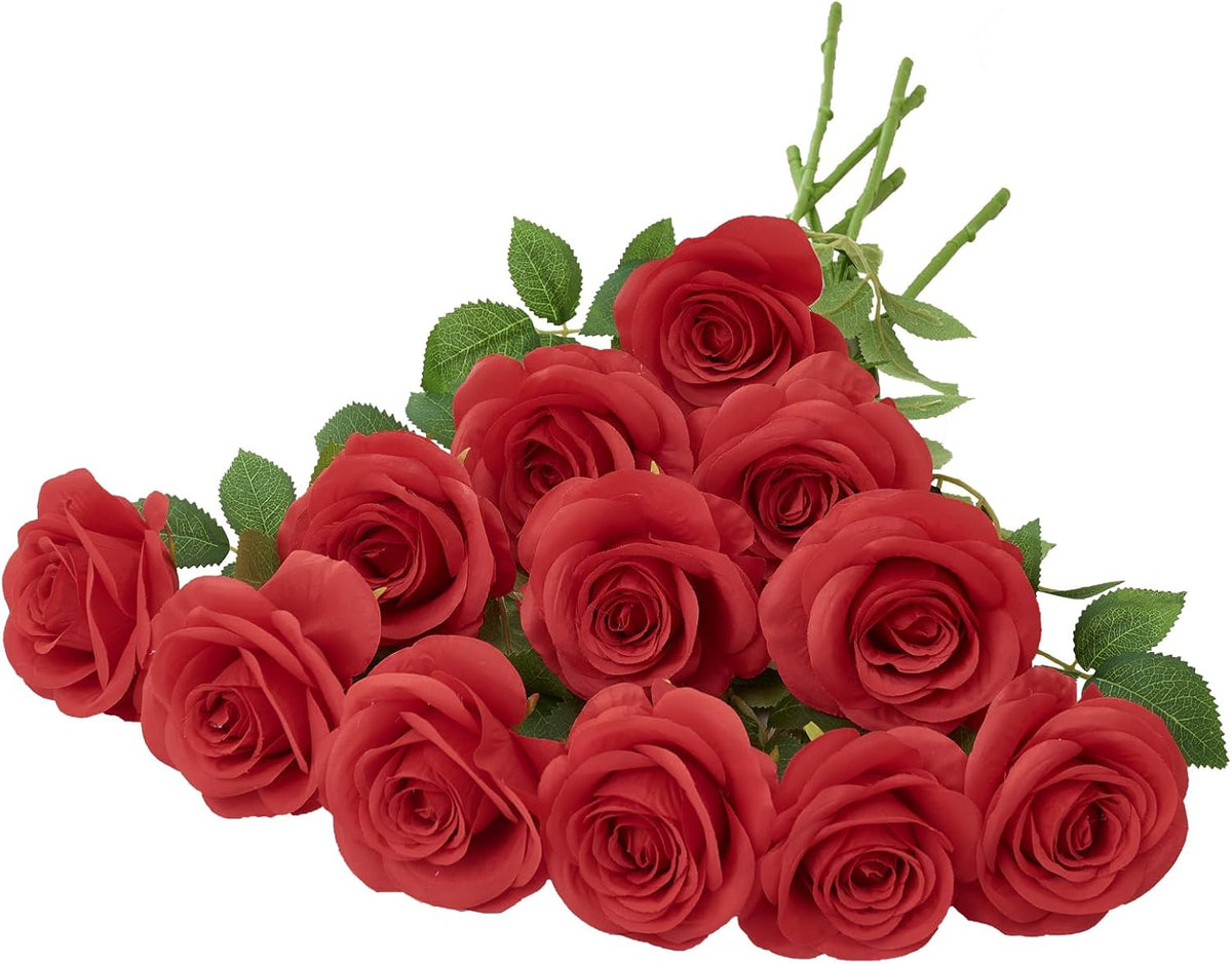 12pcs Roses Artificial Flowers Fake Roses Red Silk Roses Flowers Rose with Long Stems for Wedding Home Party Centerpieces Decorations